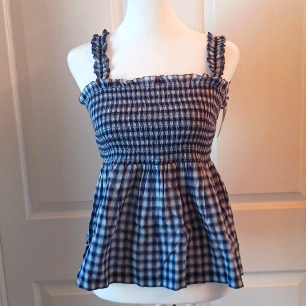 NWT** Lucky Brand new blue plaid smocked tank top size S